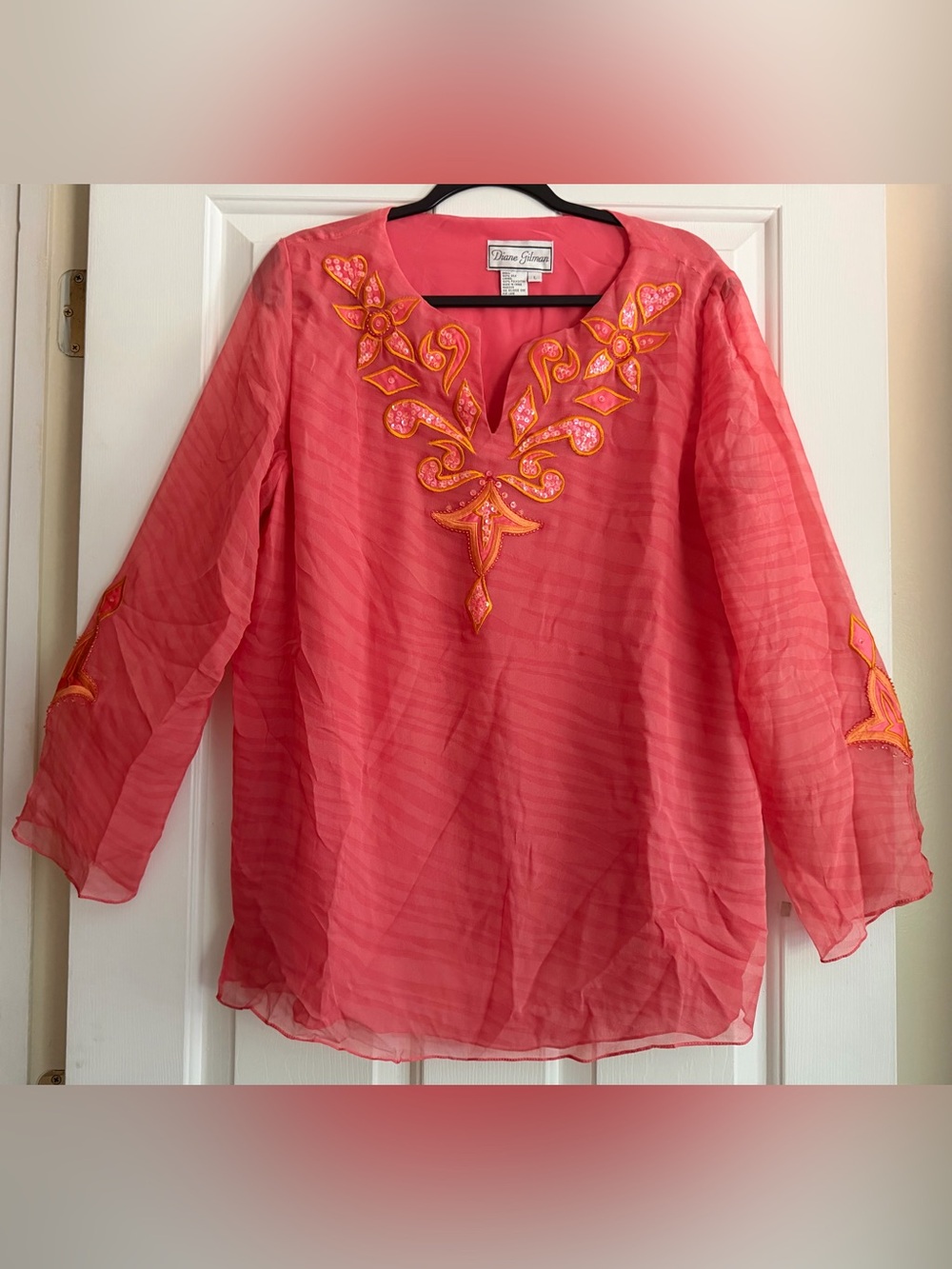 Diane Gilman Coral Embroidered 100% Silk Shell Tunic Top